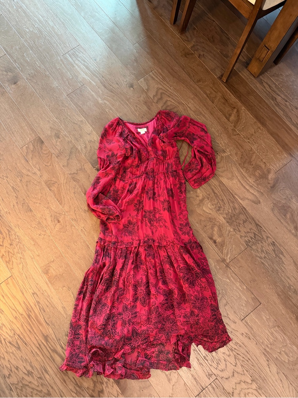 Maeve Red Floral Tiered Midi Dress with Long Sleeves